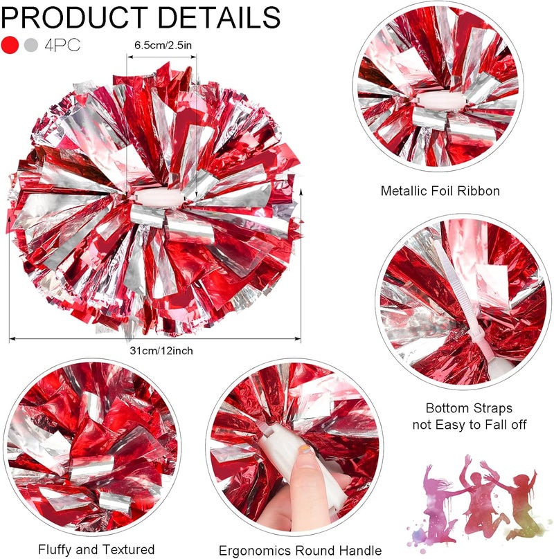 HOLENGS 4Pcs Upgraded 12inch Metallic Cheerleading Pom Poms, Cheerleader Pompoms Cheer Poms for Kids Adults, Cheering Squad Pompoms for School Sports Games Dance Party - Image 2